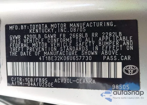 2006 Toyota Camry Le from USA, damaged, VIN 4T1BE32K06U657730